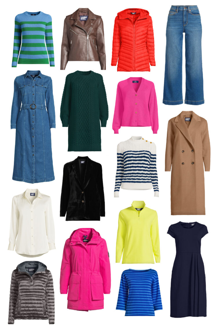 Collage of 16 items from Lands' End fall new arrivals in bright colors, on-trend silhouettes, and rich textiles to promote 50% off at Lands' End this weekend.