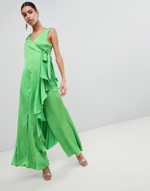 ASOS Satin Jumpsuit with Waterfall Wrap in Green