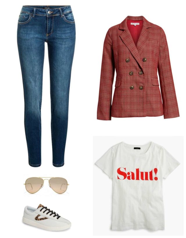 tips on how to style a plaid blazer for fall featuring a red plaid double breasted blazer with a graphic t-shirt, dark slim jeans, and white sneakers.