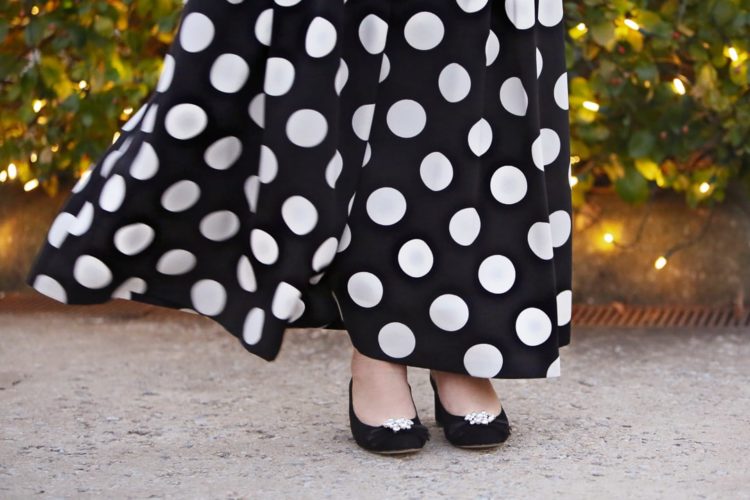 Talbots Dot Maxi Skirt with white shirt and Isa embellished velvet pumps