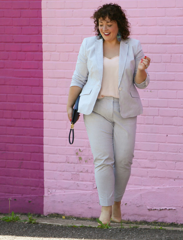 Women's Seersucker Pantsuit with Blush Pink | Wardrobe Oxygen