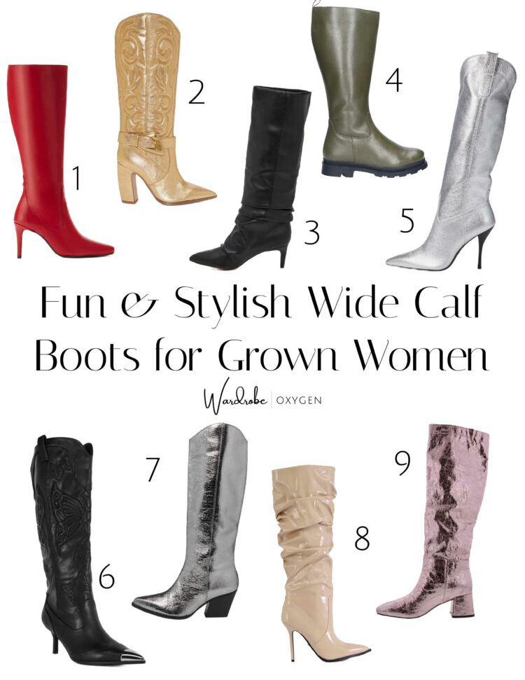 collage of 9 fun and stylish wide calf boots for grown women