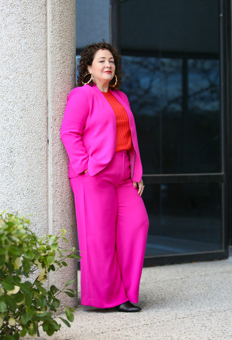 Hot Pink Wide Leg Pantsuit with Red for Career Day - Wardrobe Oxygen