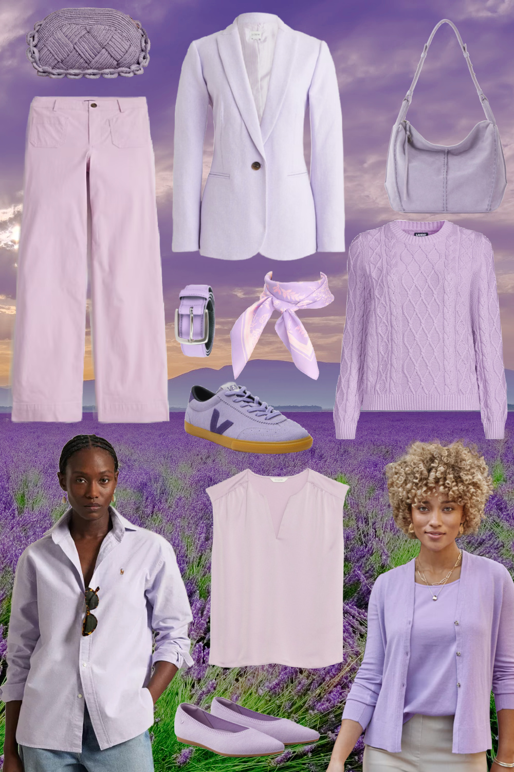 a collage of lavender fashion for women in spring 2025