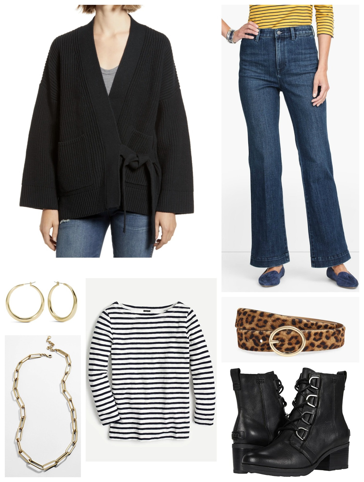 Stripes and leopard bring together a black cardigan and flared jeans