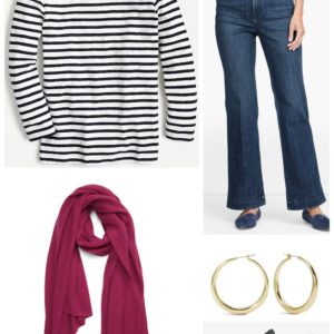 Keeping it Classic with a breton tee, flared jeans, and berry colored pashmina