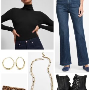Cozy Sophistication with a black turtleneck and flared jeans with gold hoops.