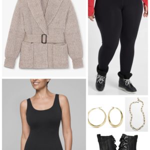 Tabletop Dressing with fleece leggings and an MM LaFleur belted sweater coat