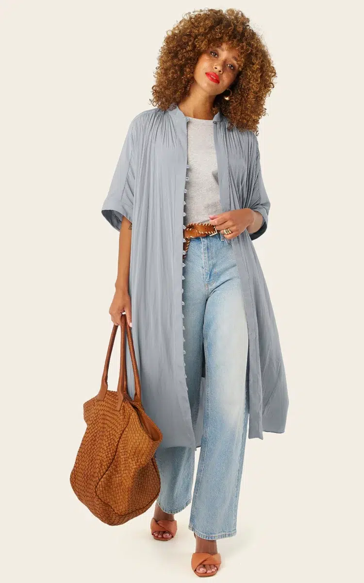 the ever by X ONe Dress 2.0 shirtdress in color moonfall, styled over a white tee and jeans