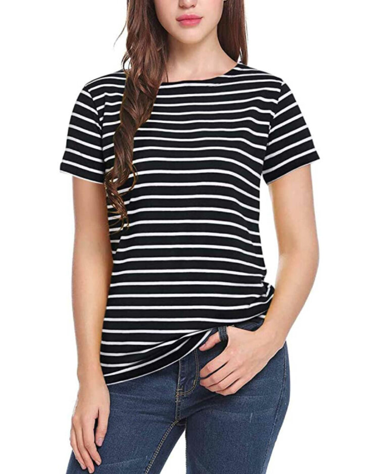 Women's Navy and White Horizontal Striped V-neck T-shirt, Navy and