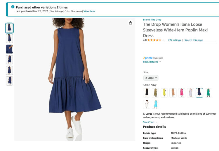 screenshot of a page on Amazon showing the Ilana dress from Amazon's The Drop, the dress I wear all summer long