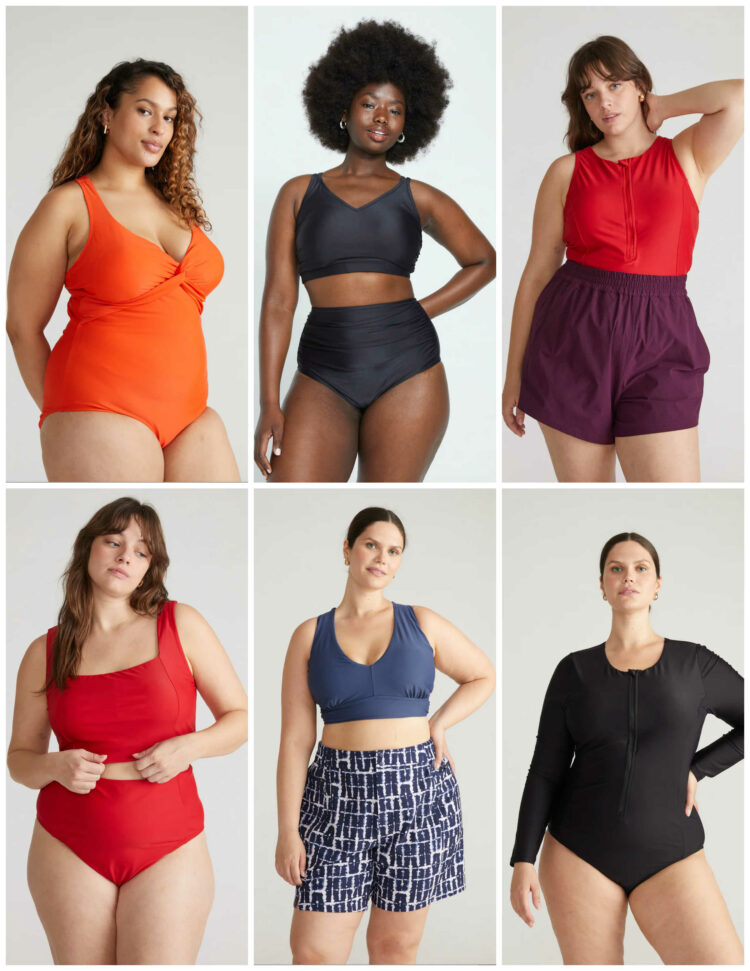 a collage of six models wearing a variety of Universal Standard swimwear from 2024