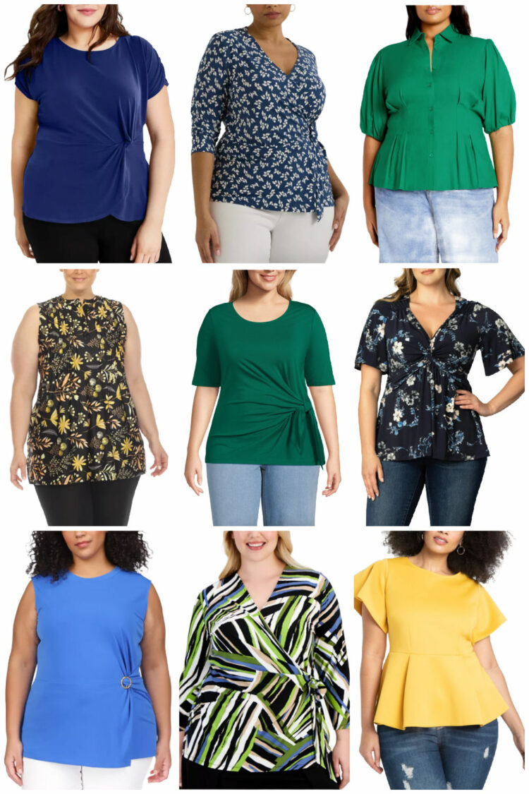 a collage of nine tops for summer that create the illusion of a waist and camouflage a belly