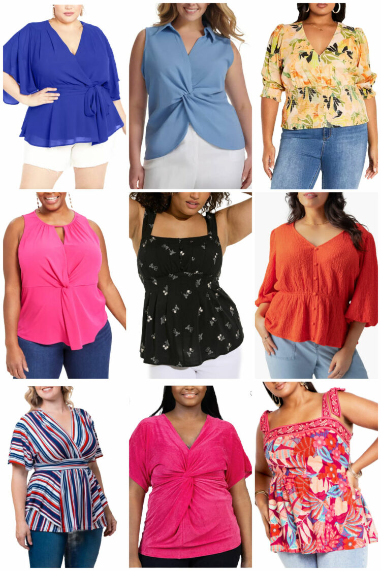 collage of nine summer tops that camouflage a body and create the illusion of a waist on an apple shape 