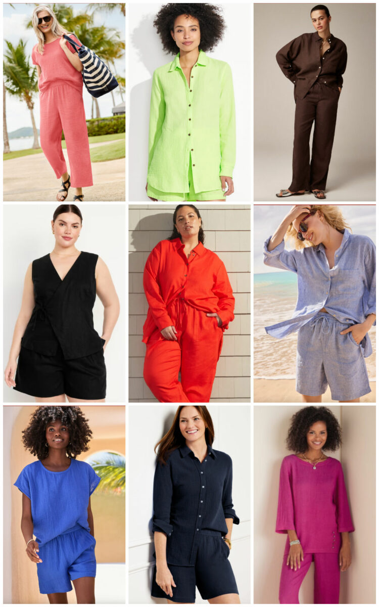 collage of nine different colorful plus size matched sets for summer