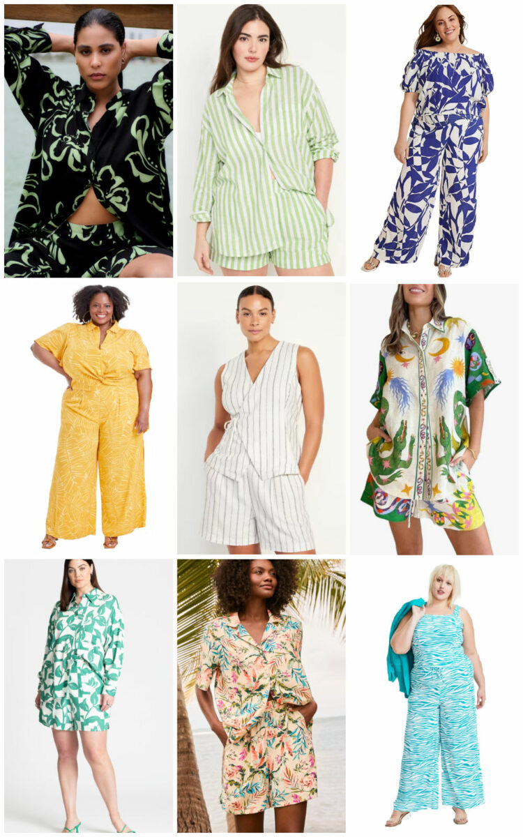 a collage of printed plus size two-piece matching sets for summer to disguise a belly