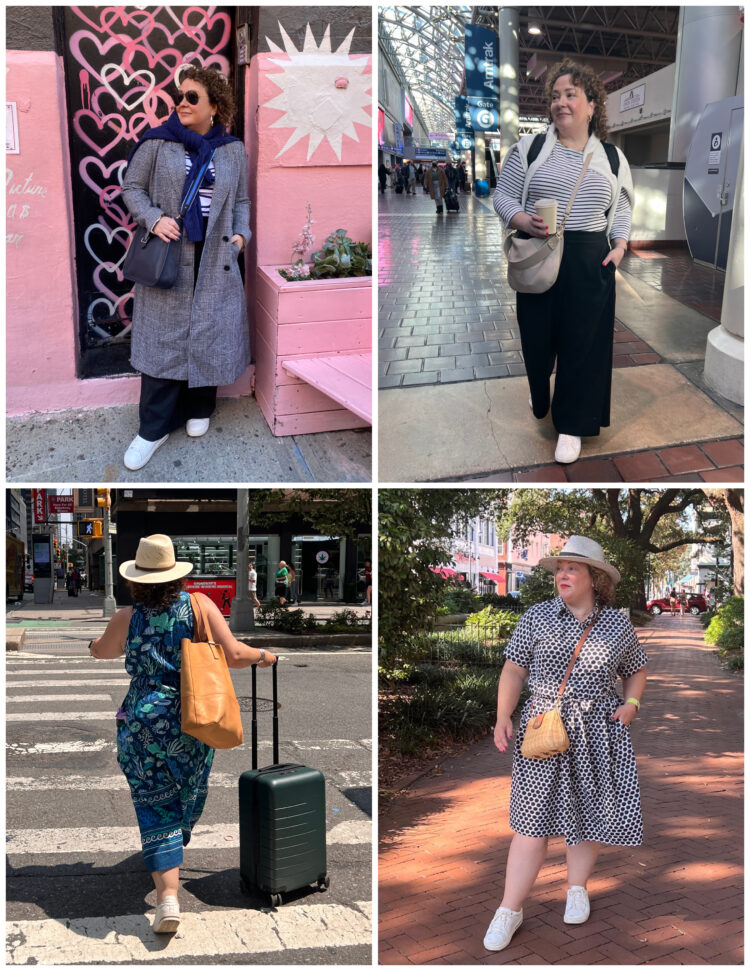 collage of Alison wearing Birkenstock Bend sneakers on travel