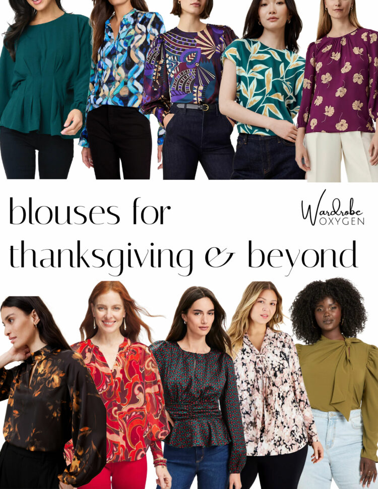 a collage of ten different Thanksgiving blouses for women in misses and plus sizes.