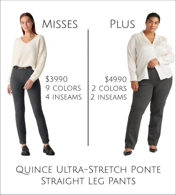 the quince ultra-stretch ponte straught leg pant seen on a misses model and a plus model. The Misses option is $39.50, available in 9 colors and 4 inseams. The Plus version is $49.90 and only comes in 2 colors and 2 inseams.