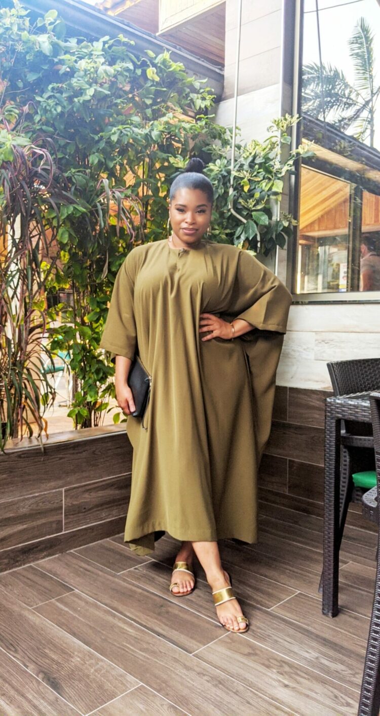 Shirley B Eniang of Shirley's Wardrobe in an olive green caftan