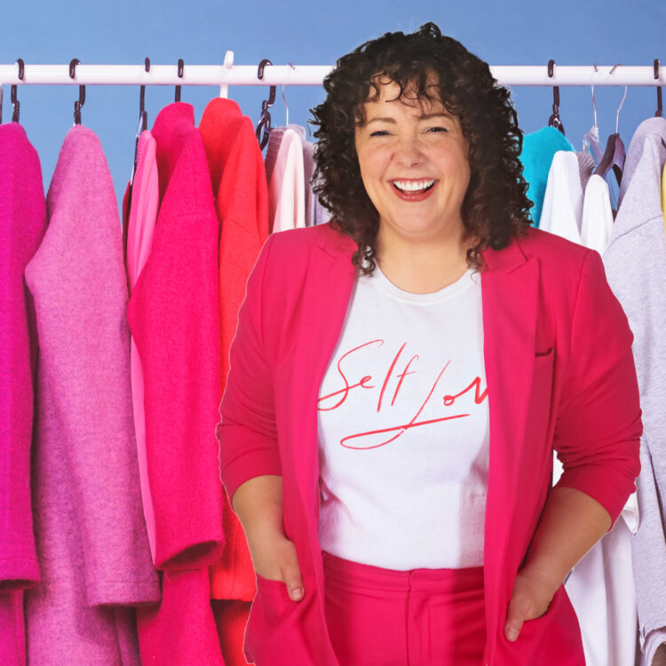Alison Gary of Wardrobe Oxygen standing in front of a rack of colorful clothing
