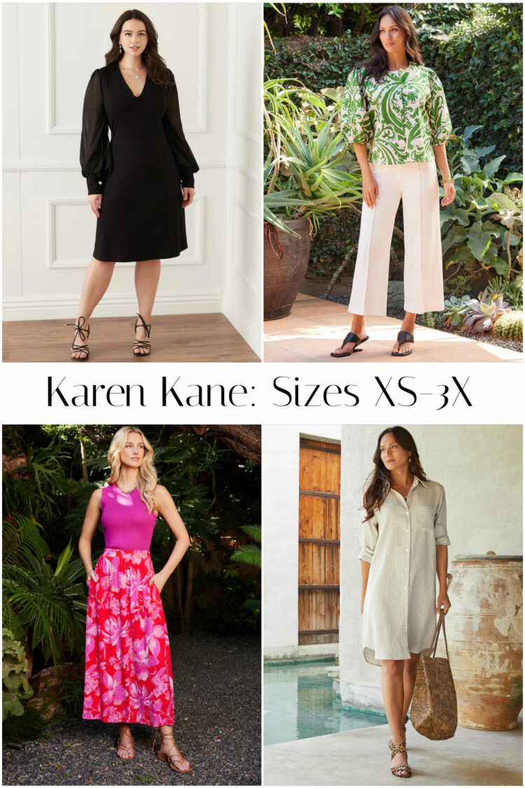Collage of four looks from sustainable fashion brand Karen Kane, a great place to shop for women over 40