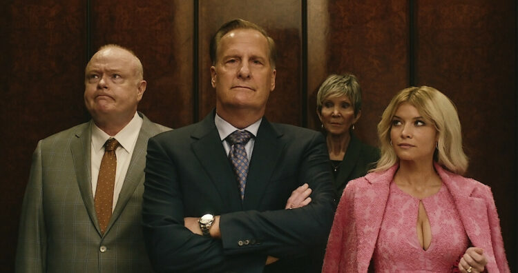 A Man in Full characters Wiz, Charlie, and Serena looking serious in an elevator