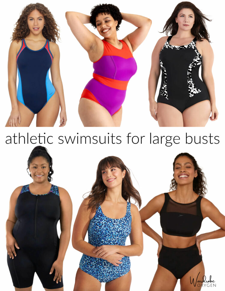a collage of six different  athletic swimsuits for large busts
