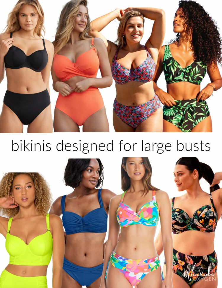 a collage showcasing eight of the best bikinis for large busts