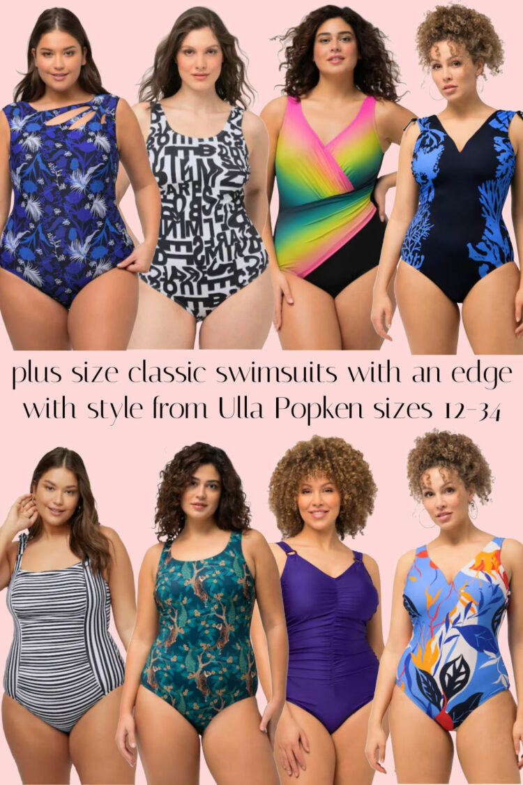 a collage of eight one-piece plus size swimsuits from Ulla Popken