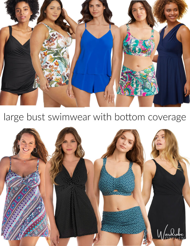 a collage of large bust swimsuits with skirts or more bottom coverage