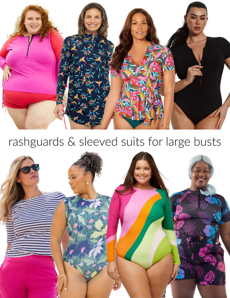 a range of rashguards and sleeved swimsuits that can accomodate a large bust