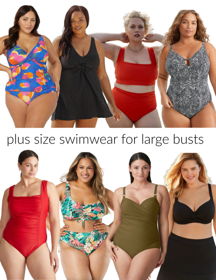 a collage of eight of the best plus size swimsuits for large busts