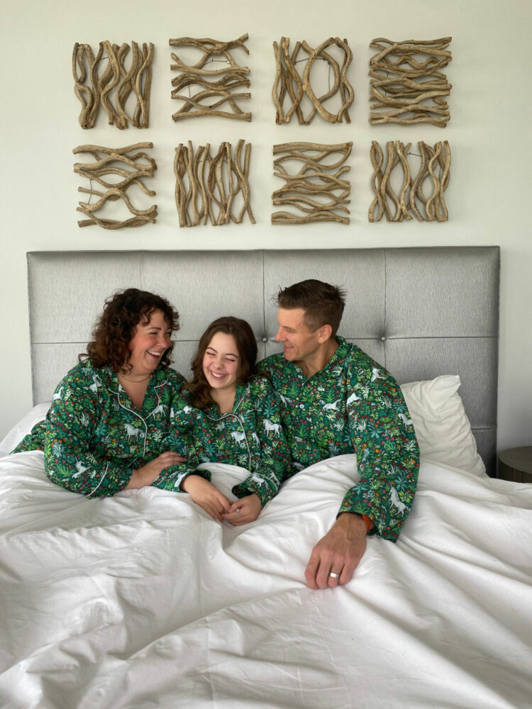 Alison, Emerson, and Karl Gary in Printfresh organic pajamas