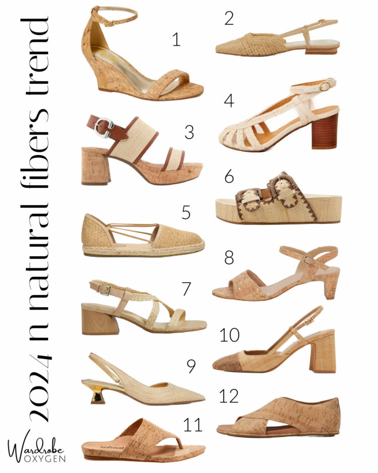 a collage of 12 summer shoes for women made with raffia, cork, rope, and other natural fibers