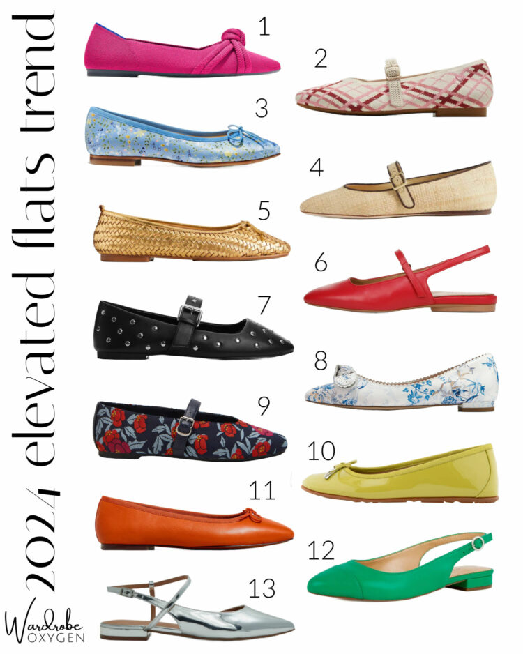 a collage of 13 pairs of colorful, textured, and printed flats for 2024