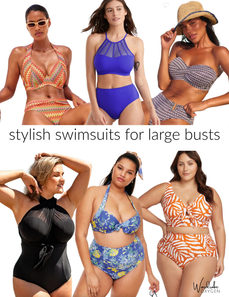 collage of six stylish swimsuits for large busts