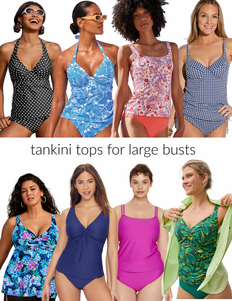 a collage of eight of the best tankinis for large busts