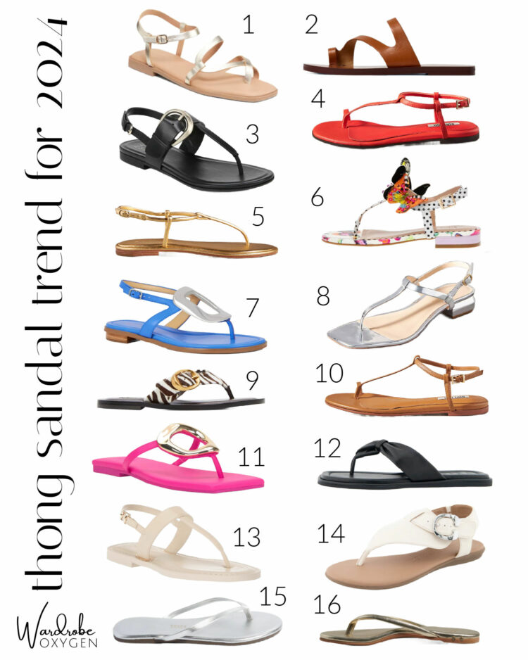 collage of 16 different flip flops and thong sandals for summer 2024