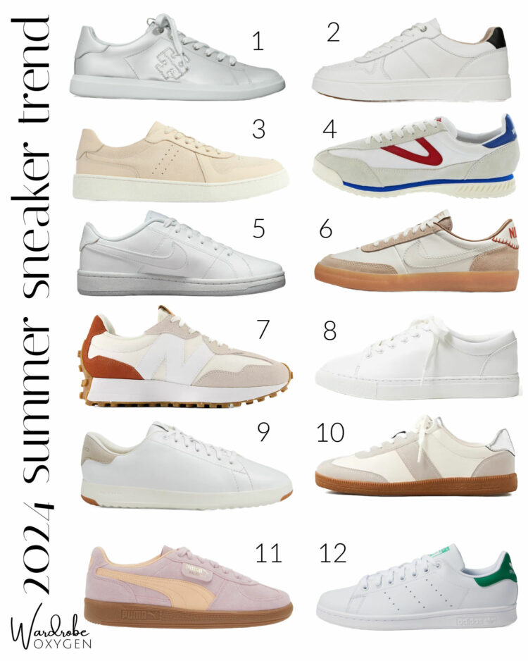 a collage of 12 tennis shoes and court sneakers for grown women for 2024