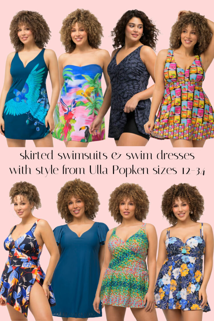 eight plus size swim dresses and skirted swimsuits from Ulla Popken that are fun prints and modern silhouettes