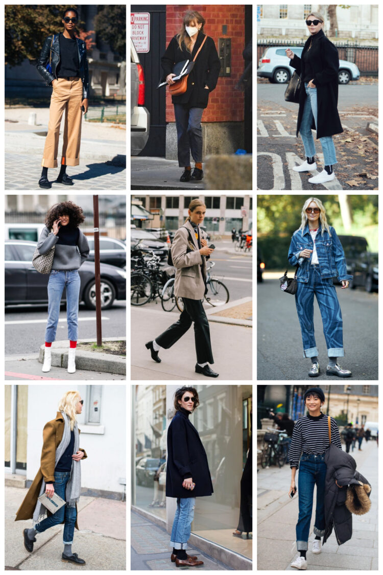 a collage of nine celebrities and fashionistas wearing visible socks with their pants and shoes
