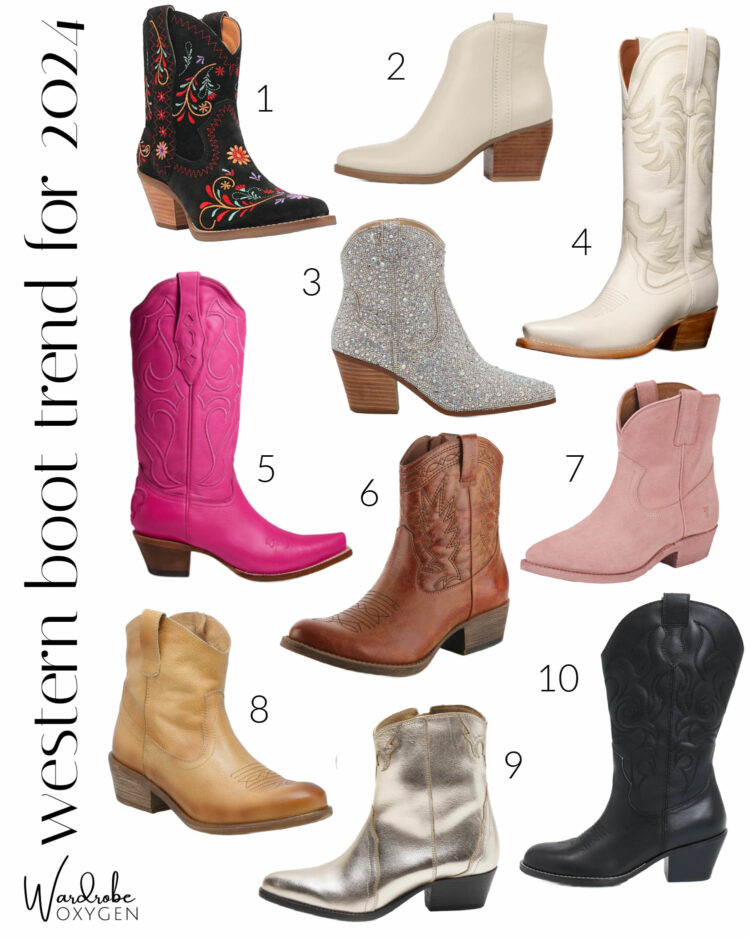 a collage of 10 western and cowboy boots for women that would be stylish in 2024