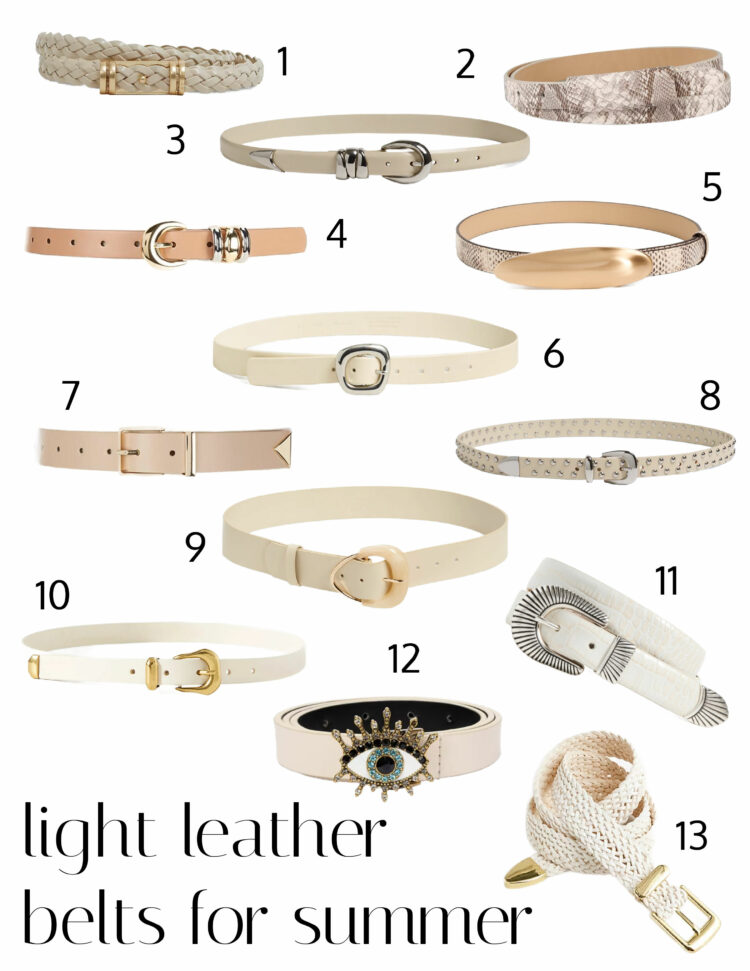 a collage of 13 light leather belts for summer