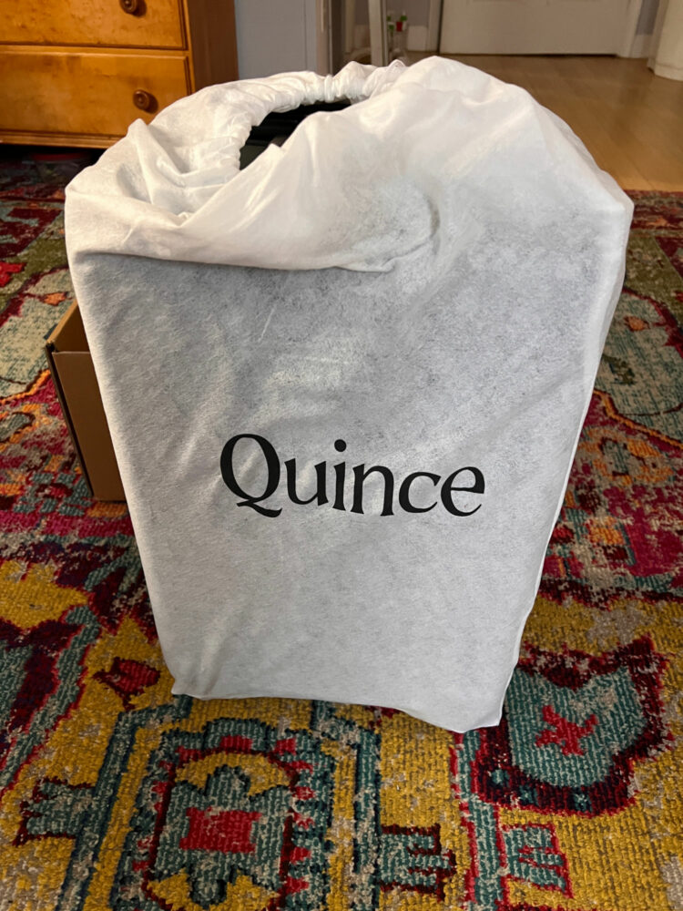 The Quince suitcase upon delivery in its dust bag