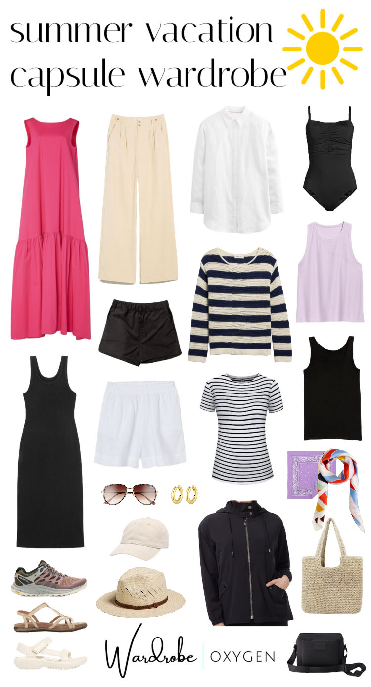 A collage of a summer capsule wardrobe for travel