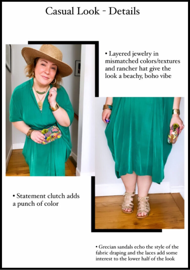 Alison wearing the green ever by X dress styled like a caftan with a straw hat and gladiator sandals