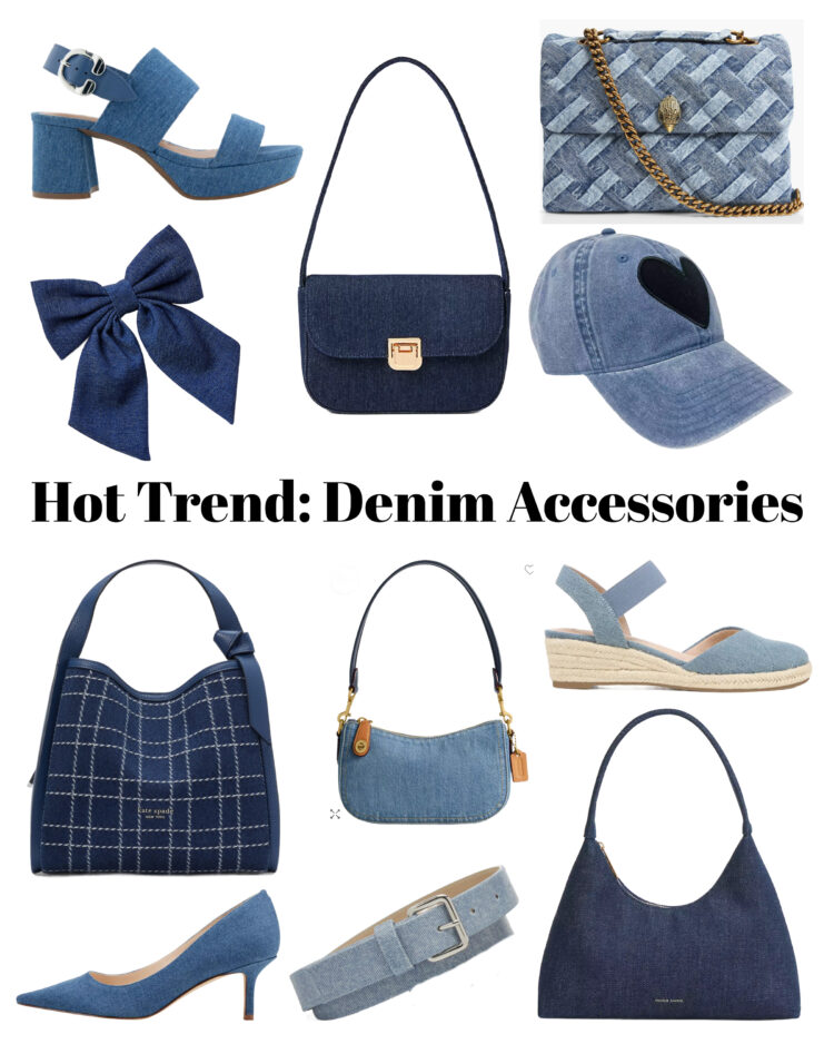 collage of accessories that fit the denim trend