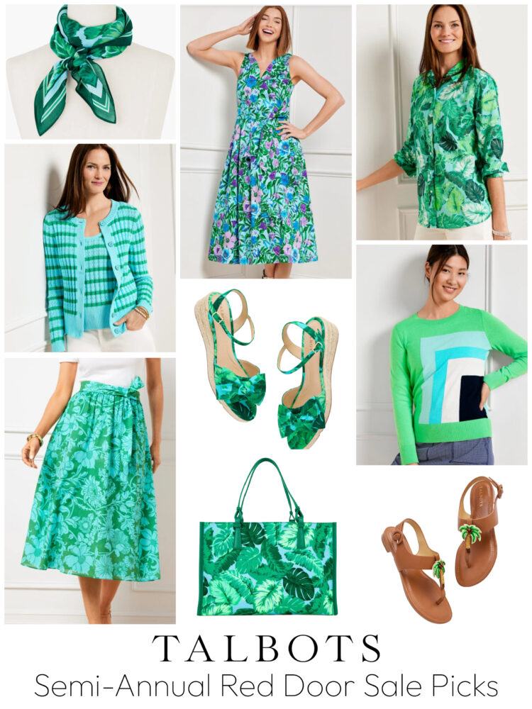 a collage of green prints from the blue and white clothing and accessories in the Talbots Semi-Annual Red Door Sale