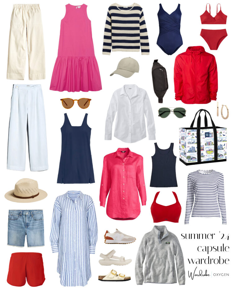 collage of items for a Capsule Wardrobe: Summer Getaway on the Water